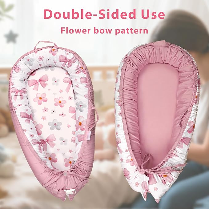 Hooyax Baby Lounger Cover Only, 100% Cotton Newborn Nest Cover, Soft Portable Baby Nest Replacement Cover for Boys Girls, Breathable Infant Lounger Covers, Baby Essential (Bow Flower)