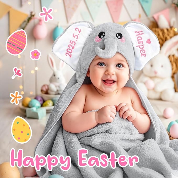 Custom Hooded Baby Towels with Name, Personalized Bunny Easter Gifts for Toddlers, Custom Baby Bath Towels for Newborn, Ultra Soft and Absorbent, Ideal for Girl Boy (Elephant)