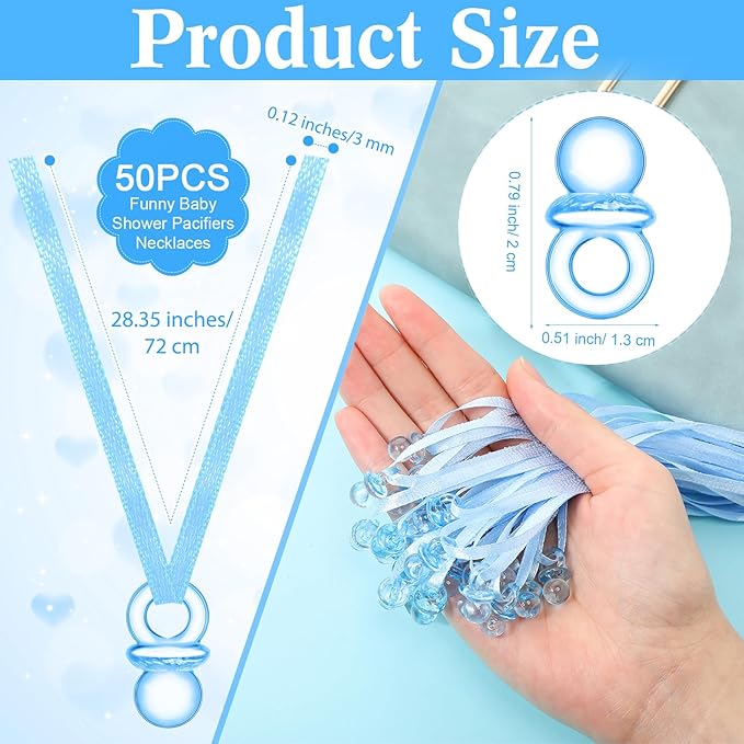 Geetery 51 Pcs Don't Say Baby Game Sign Cool Baby Shower Game 50 Pacifier Necklace Wooden Don't Say Sign Plastic Pacifier Party Favor for Gender Reveal(Elephant,Blue)