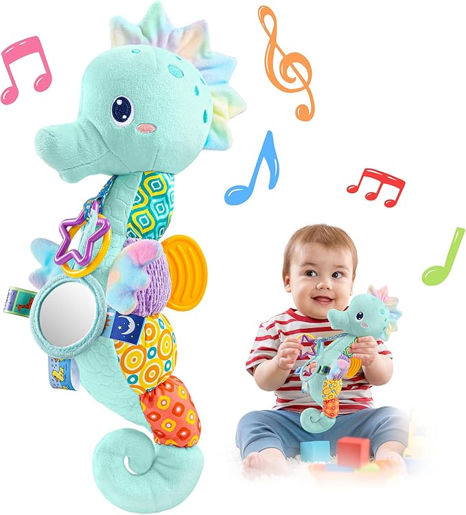 LIGHTDESIRE Baby Toys Musical Seahorse,Infant Stuffed Animal Toys with Crinkle and Rattles,Soft Sensory Toys with Textures for Tummy Time Newborn Boys Girls 0 3 6 12 Months(Blue)