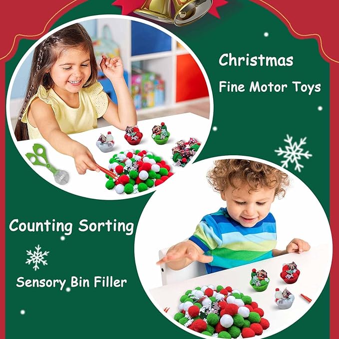 176 Pcs Christmas Sensory Bin Filler Fine Motor Toys Counting Sorting Winter Sensory Bin Items 100 Pom Poms 50 Wodden Ornaments 10 Xmas Knit Hats 5 Xmas Gift Boxes for Early Childhood Education