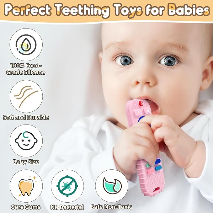 Teething Relief Teethers Toys for Babies 3 6 9 12 Months Gifts Essentials, Silicone Sensory Remote Control Baby Chew Toy for Newborn Infant Boy Girl Autism Birthday Gift, Gray & Pink