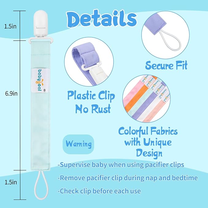 babygoal Pure Color Pacifier Clips, 6 Pack Binky Paci Holder Clips Leashes Fits for Most Baby Pacifiers and Binkies