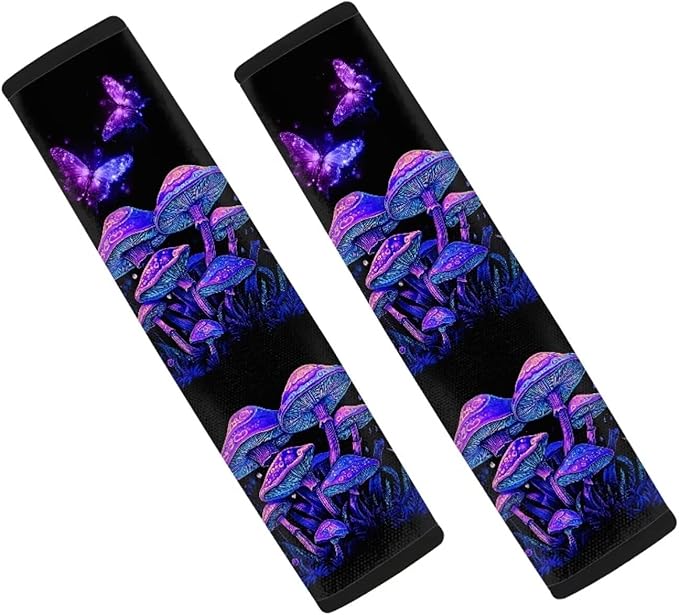 UNICEU Butterfly Hippie Mushroom Car Seat Belt Pads for Women 2 Piece Mushroom Car Accessory for Sedan SUV Truck Soft Comfort Seat Belt Shoulder Strap Covers