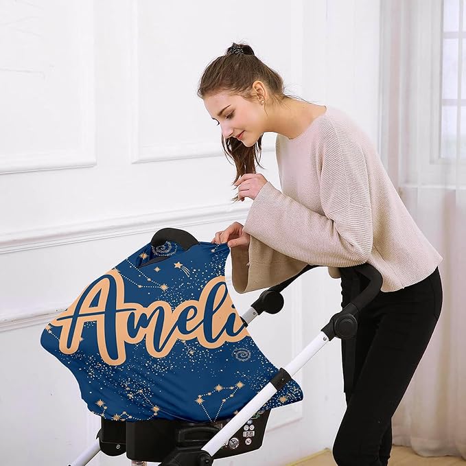 Personalised Car Seat Cover for Girls and Boys - 7 in 1 Multipurpose Breast Feeding Cover, Nursing Cover, Peacock Blue Star Grocery Cart Cover - Birthday Gift for Babies