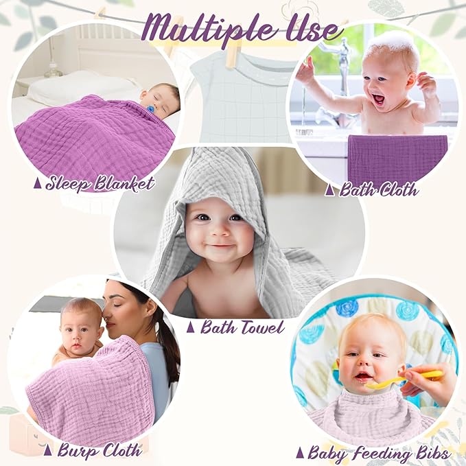 VitalCozy 12 Pcs Baby Muslin Hooded Bath Towels and Washcloths, Muslin Hooded Baby Towels Absorbent Blankets for Gift Newborn Infant Shower (Purple Series)