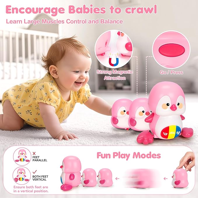 Baby Toys 6-12 Months, Musical Penguins Crawling Infant Toys, Early Learning Toy for Tummy Time with Light & Sound, Birthday Gifts for Babies Newborn Boys Girls 6 7 8 9 10 11 Months 1 Year Old - Pink