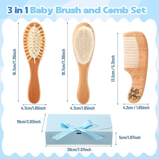 Teenyyou 3 Pcs Baby Hair Brush and Comb Set for Newborn Baby Grooming Kit with Gift Box Wooden Toddler Cradle Cap Brush with Soft Bristle for Boys and Girls Newborn Showers Registries Gift