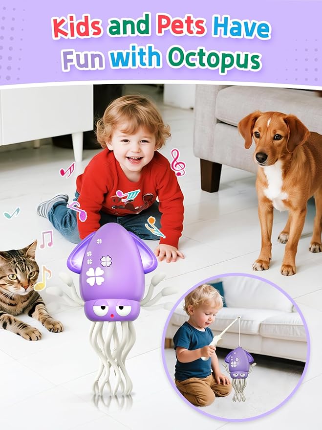 WAVISA Dancing Squid Baby Toy Gifts, Dancing Octopus Tummy Time Toys for 3-6 Months, Crawling Octopus with Music and Light, Squid Baby Toy for 3 4 5 6 7 8 9 10 11 12 Toddler Boy Girl Birthday Gifts