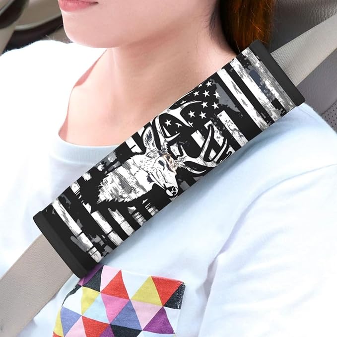 Soft Auto Seat Belt Cover American Flag Elk Seatbelt Shoulder Pad 2 PCS for A More Comfortable Driving Compatible with All Cars and Backpack Gray Black Patriot Star Stripe Seat Belt Cushion