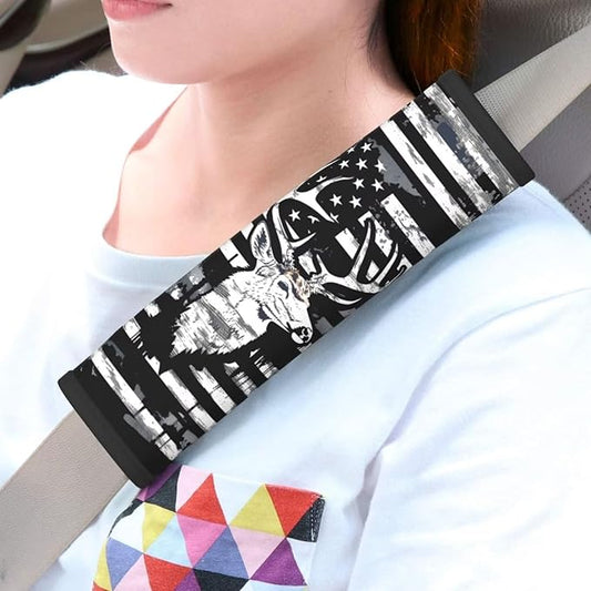 Soft Auto Seat Belt Cover American Flag Elk Seatbelt Shoulder Pad 2 PCS for A More Comfortable Driving Compatible with All Cars and Backpack Gray Black Patriot Star Stripe Seat Belt Cushion