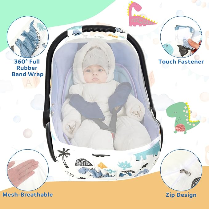 Dinosaurs Carseat Cover Baby Infant Car Seat Canopy Breathable Cotton Extra Large Mesh Window Windproof Newborn Stroller Baby Carrier Cover for Boys and Girls Shower Gifts All Seasons