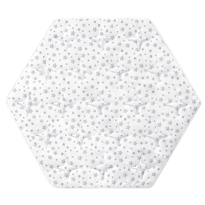 Hexagon Playpen Mat Compatible with POP 'N GO Baby Playpen, 59 Inch Hexagon Playpen Mattress Pad, Non Slip and Padded Play Mat White with Star Print