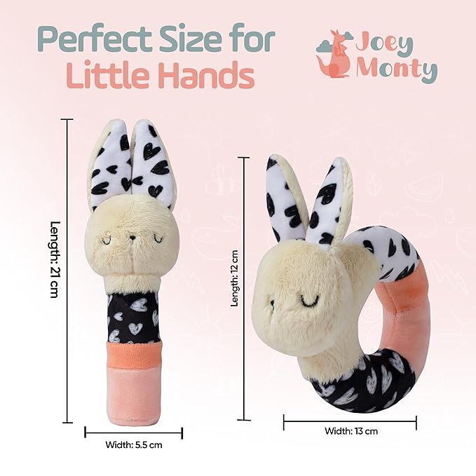 Bella Bunny Baby Rattle Toys - Rattles for Babies 0-6 Months High Contrast Baby Toys for Newborn Gifts - Ultra-Soft Sensory Toy Stick and Circle Baby Rattles 0-6 Months (2-Pack)