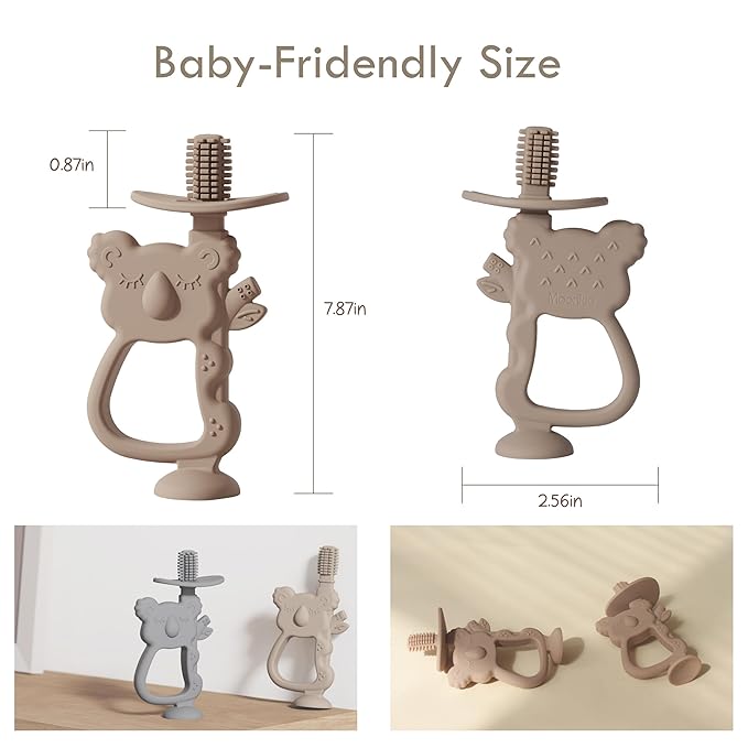 Moonkie Teething Toy, Safe & Easy to Hold BPA Free Silicone Teethers, 360° Baby Toothbrush with Suction Base, Teether Toys Best for Babies 6-12 Months (Koala Warm Taupe)