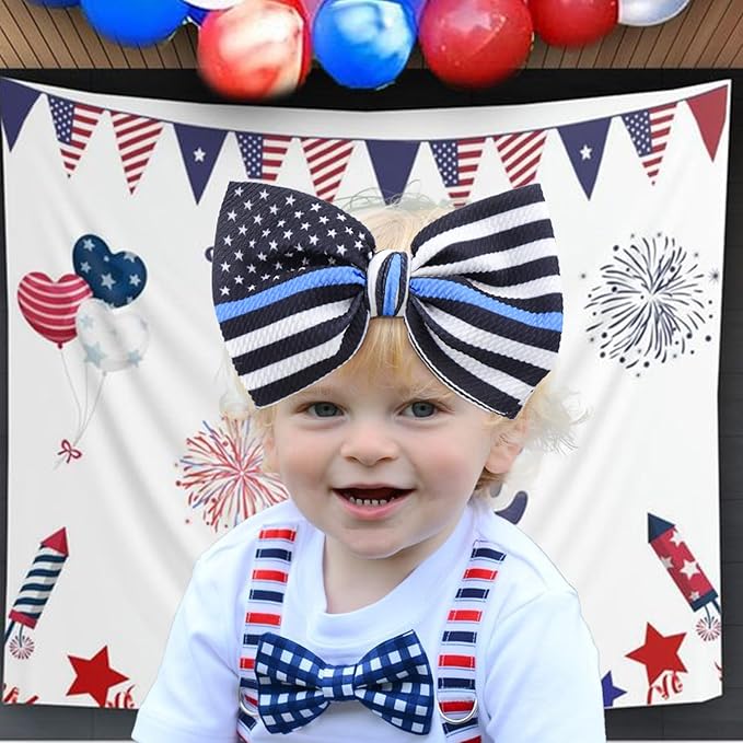 YanJie 7" Baby Girls Headbands National Police Week Hair Bow Blue Line Flag Printed Headbands Police Support Nylon Headband Infant Bows Gift