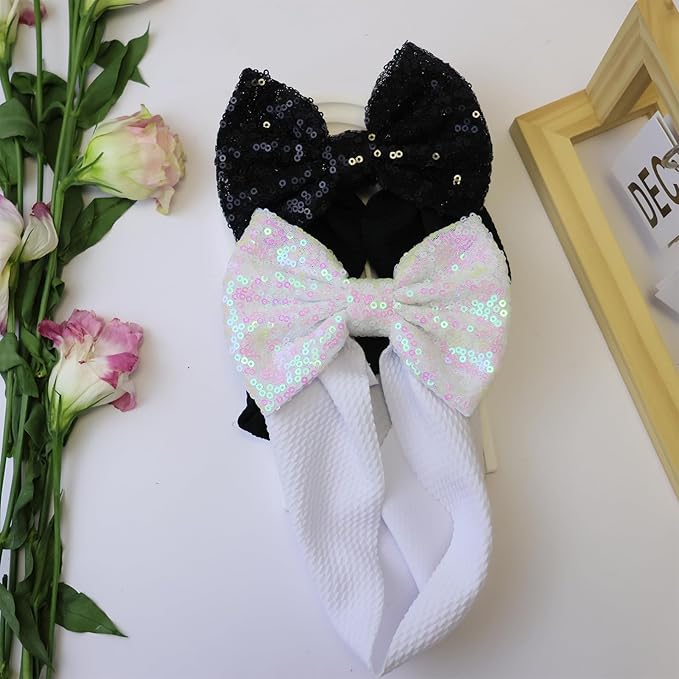 Black Sequin Bow Baby Headbands, White Big Bows for Baby Girls Hair Bow Baby Girl Elastic Wide Hairbands for Baby Girls Newborn and Infant Hair Accessories Unisex-Babies Gift