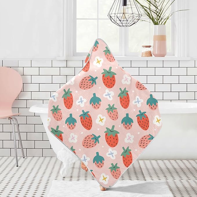 Pink Strawberry Baby Boys Girls Bath Towel Fruit Summer Hooded Towels Newborn Toddlers Organic Cotton Washcloths Shower Beach Towel 35 x 35 Inch