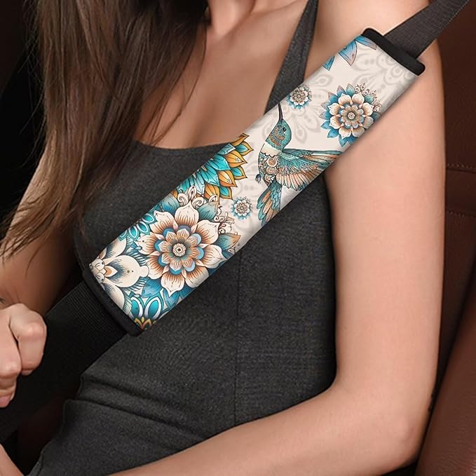 Biyejit Car Seat Belt Covers for Adults Kids, Seatbelt Cushions Pads Cover for Trucks SUV, Car Accessories Decorations 2Pcs, Boho Hummingbirds
