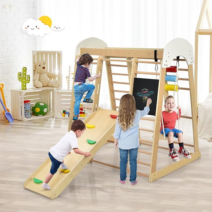 Costzon Indoor Playground, 8-in-1 Montessori Jungle Gym Beech Wood Climbing Toys for Toddlers w/Double-Sided Slide, Climbing Rock/Net, Indoor Playground Climber Playset for Kids 3+ Years (Natural)