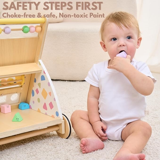 Wooden Baby Walker with Upgraded Adjustable Speed Control, Montessori Activity Push Walker with Wheels, Baby Walker Toy for Toddlers, Gift for Boys & Girls 1 Year Old