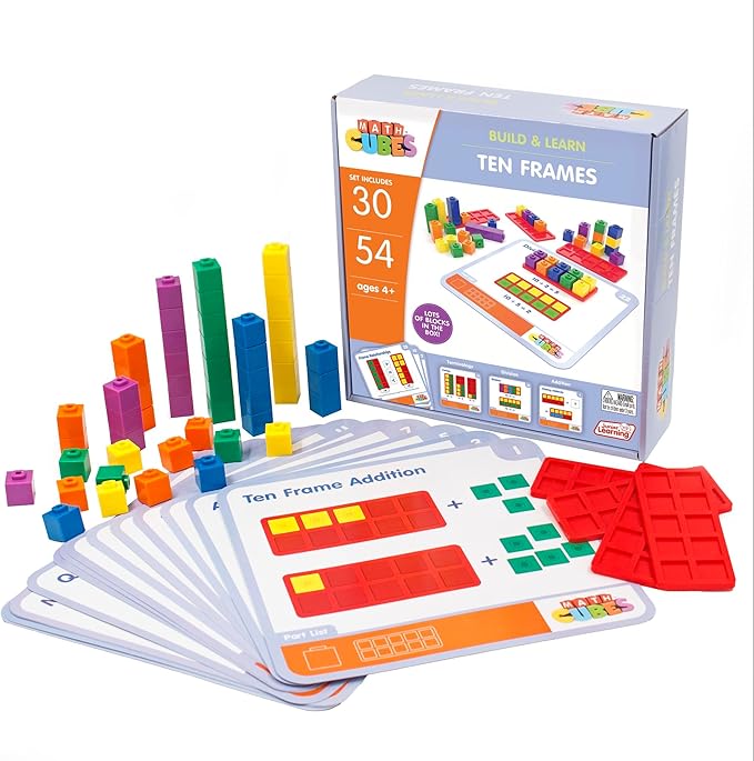 Junior Learning: Mathcubes - Ten Frames - 30 Activity Set, Build & Learn, Blocks & Boards Hands On Math, Developmental & Education Set, Kids Ages 4+