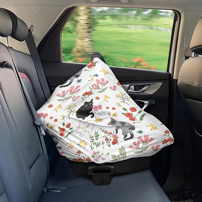 AFPANQZ Cat Floral Car Seat Covers for Babies Stretchy Lightweight Extra Soft Traveling Nursing Cover Breastfeeding Shield Carseat High Chairs Gender Neutral Shopping Carts