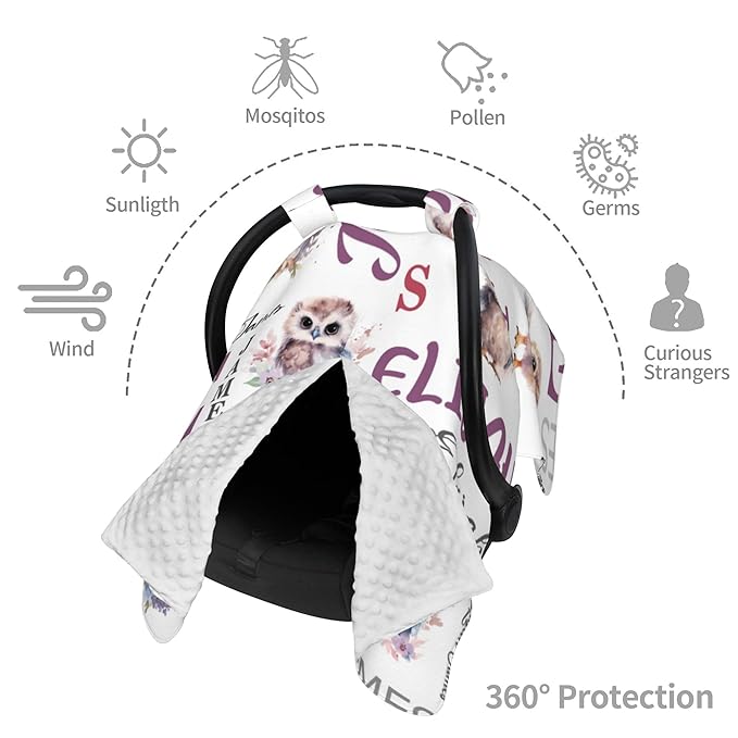 Personalized Baby Car Seat Canopy Minky Owl Baby Blanket Custom Name Baby Car Seat Cover Girls Boys Infant Newborn Carseat Canopy Nursing Cover for Stroller Car Seat Canopies