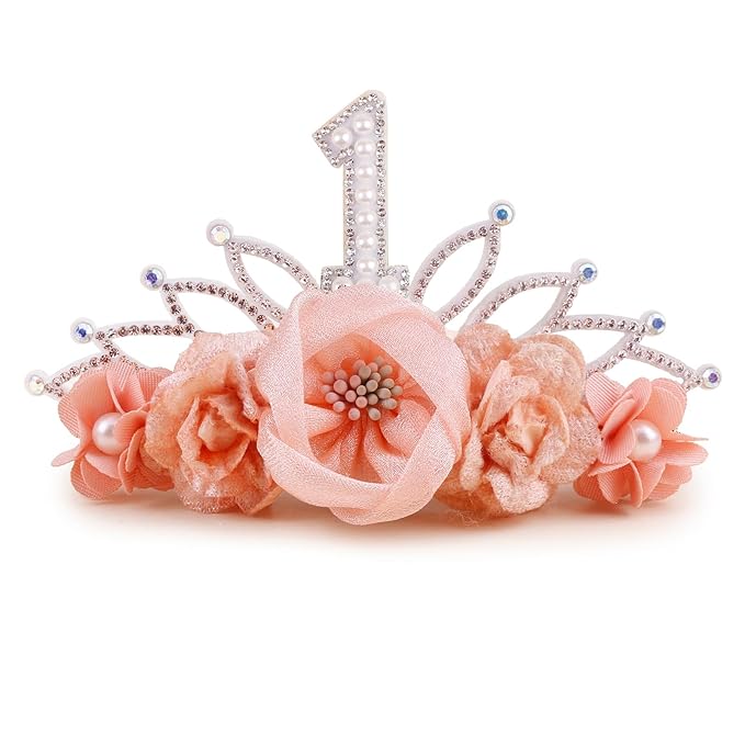 cherrboll Baby Girl Birthday Crown Floral Headband, Soft Flower Head Wrap Tiara Hairband for 1-3 Years Old Toddlers Kids First 1st Birthday Party Dress Photo Decoration