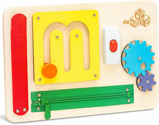 deMoca Sensory Busy Board for 1 Year Old, Travel Wooden Montessori Busy Board for Toddlers 1–3, Switch and Fidget Activity Board for Early Motor Skills and Travel Play