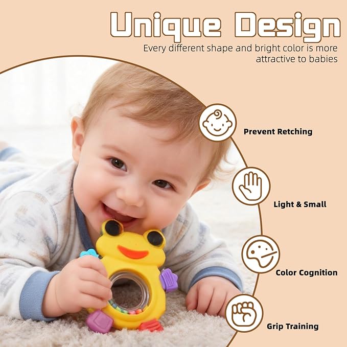 Baby Teething Rings Toys,Over Sized of A Frog Infant Toys Relief Teethers for Babies 3-6-12-18 Months,Sensory Toys Rattle Teether Silicone Teether Relief Chew Soothing,BPA Free
