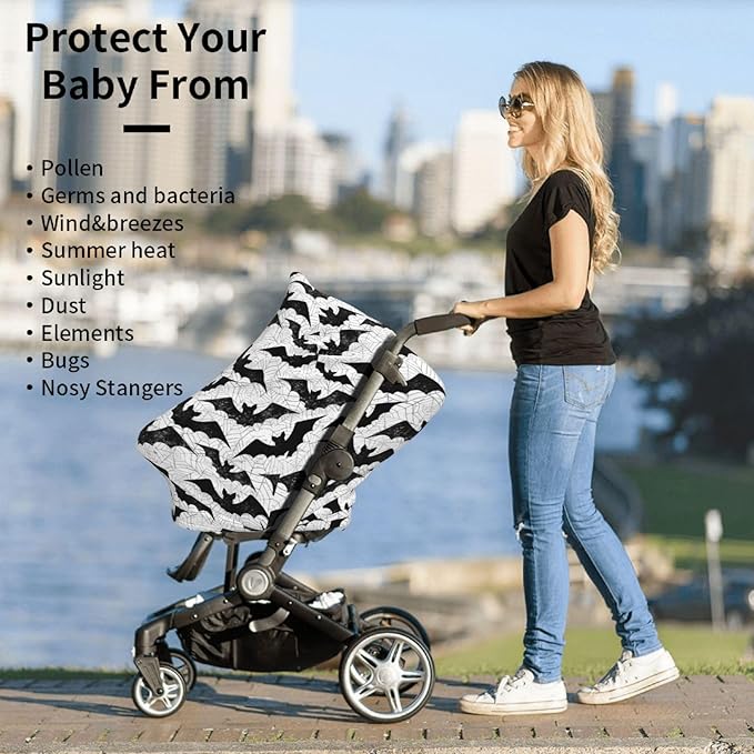 Black Bat Goth Baby Stuff Car Seat Cover for Baby Carseat Covers for Girl Boy Stretchy Soft Breathable Breastfeeding Infant Car Seat Canopy Carrier Cover