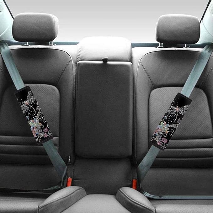 Biyejit Car Seat Belt Pads Cover for Women, Soft Comfort Seat Belt Cushion Shoulder Backpack Straps for Adults Girls 2 Packs, Retro Dragonfly Flower