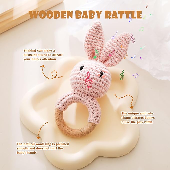 Wooden Baby Rattle，Crochet Bunny Rattle with Wood Ring, Newborn Wooden Animal Rattle Toy，Infant Pink Bunny Wood Rattle Toys