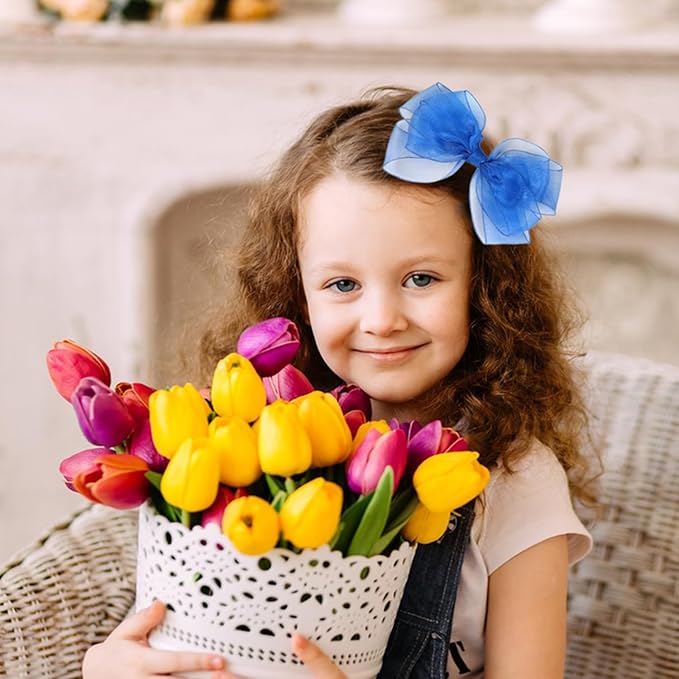 5.5-Inch Organza Double Hair Bows Alligator Clips Hair Accessories for Girls Toddler Kids Children Teens -Royal Blue