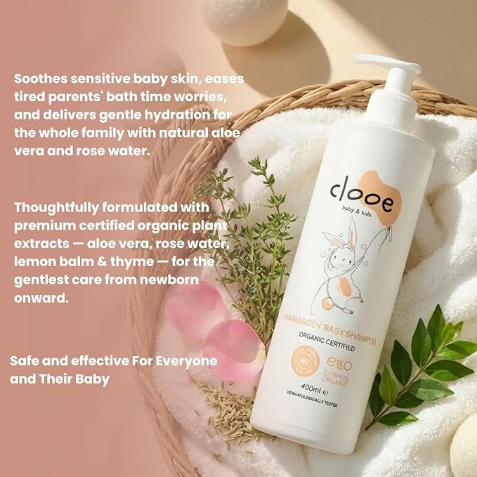 Organic Baby Shampoo and Body Wash, Tear-Free 2-in-1 for Sensitive Skin, Dermatologically Tested, Vegan, Rose Water, 13.5 Fl Oz