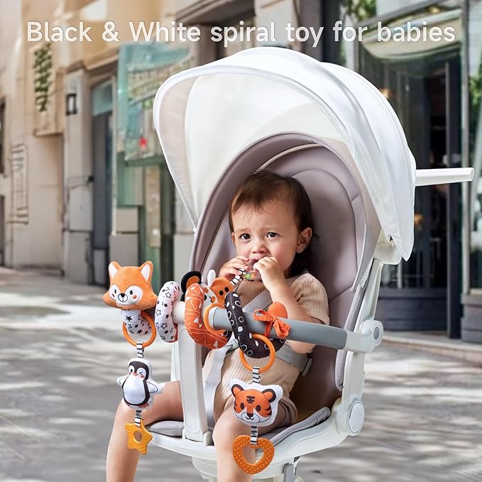 TUMAMA Baby Car Seat Toys, Black and White High Contrast Newborn Infant Hanging Toys, Crib Stroller Spiral Wrap Toys with 3 PCS Animal Rattles, Sensory Toys for 0-12 Months