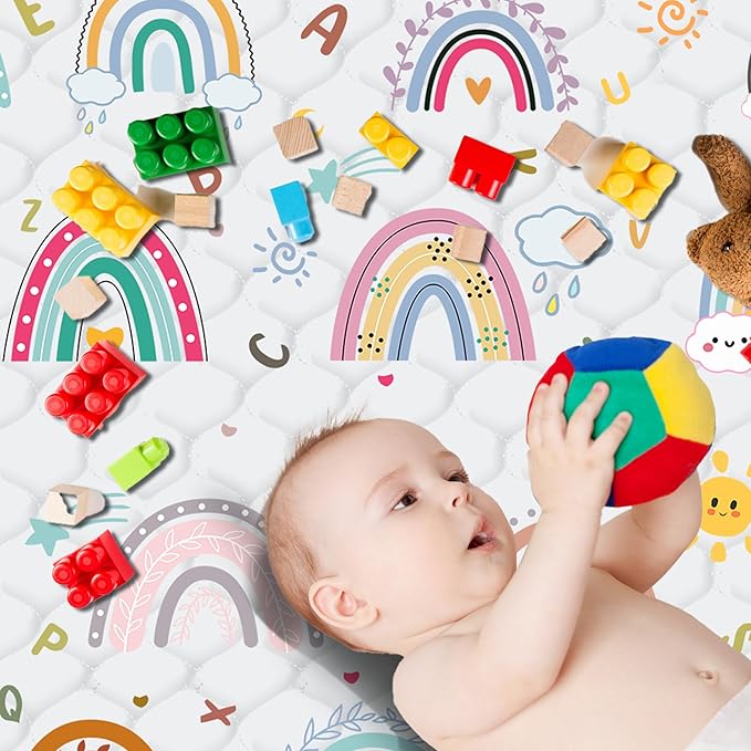 Baby Play Mat，Thick Soft 50" X 50" Playpen mat, Non-Slip and Machine Washable Baby Play Mats for Floor ，Crawling Mat for Babies, Toddlers & Infants to Play and Learn (Rainbow)