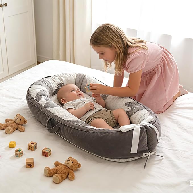 Baby Lounger | Organic Cotton Infant Lounger | Reversible, Adjustable & Portable Floor Lounger | Soft, Breathable, Washable Cover-Grey Leaves