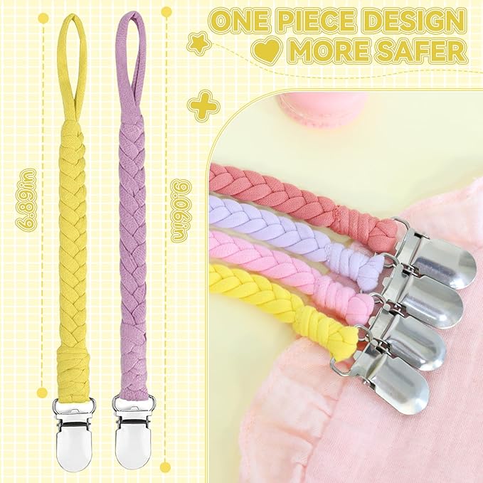 4 Pcs Pacifier Clip, Pacifier Clips for Boys & Baby Girls Pacifier Holder Clip Binky Clips Braided 100% Handmade Fits All Pacifiers(Yellow, 4 Pack)