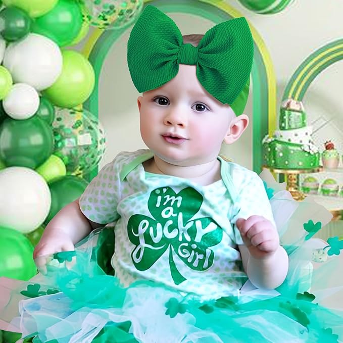 HAIRBAND, St.Patrick's Day Hair Accessories for Infant Baby Girls, Green Headbands with Bows, Shamrock Print, Nylon Hairbands, 2 Count