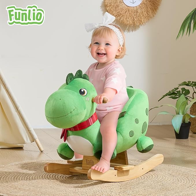 FUNLIO Dino Rocking Horse for Toddlers 1-3 Years, Premium Green Plush Rocking Dino with Soft Spikes, Big Eyes & Lovely Smile, Vibrant Colors & Realistic Scales, Easy to Assemble, CPC & CE Certified
