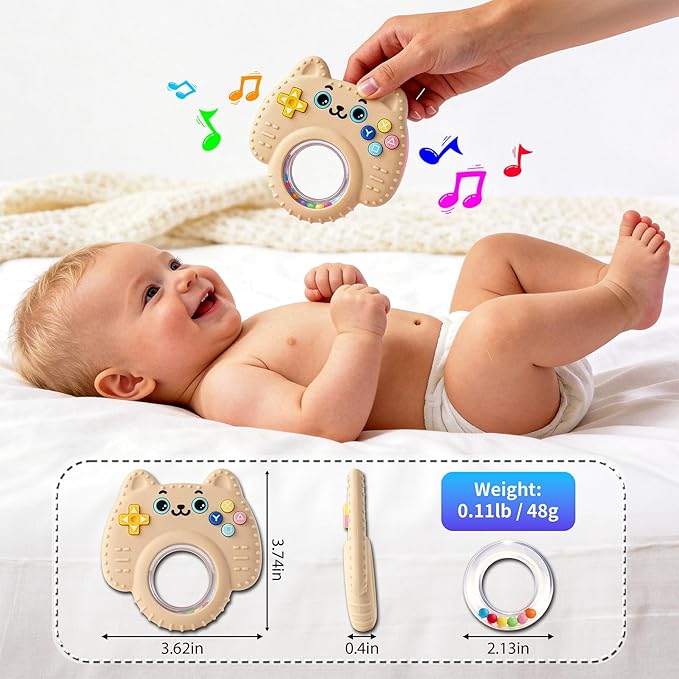 Baby Teether Toy Silicone Cat Teething Ring -Game Controller, Baby Rattle Toy Chew Sensory Toys for Babies Over 3 Months, Teething Relief for Newborn Infant Essentials 0-6 6-12 Months, BPA Free -Beige