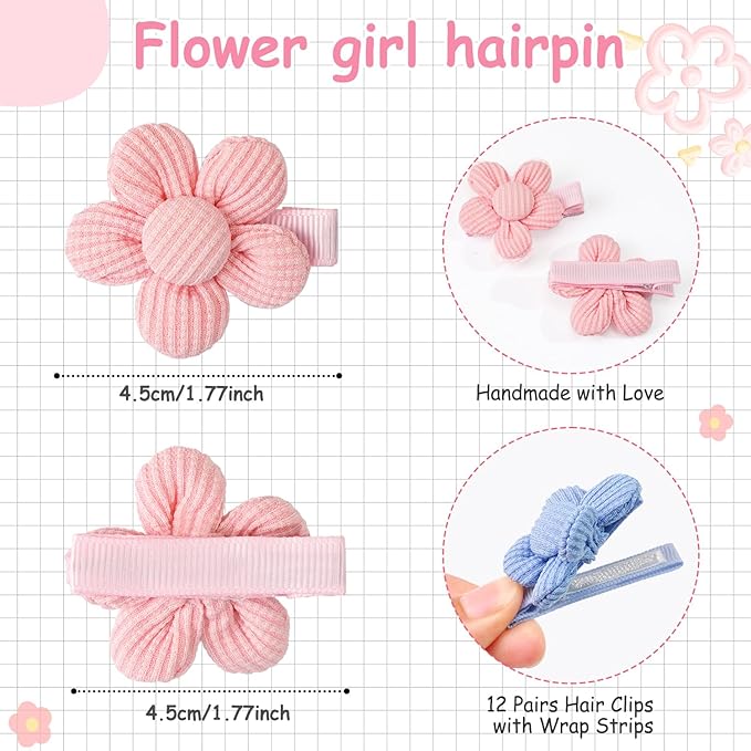 24Pcs Baby Girl Hair Clips Set, Sunflower Hair Bows Barrettes Handmade Accessories Wrapped Alligator Clip for Babies Infant Toddlers Kids in Pairs