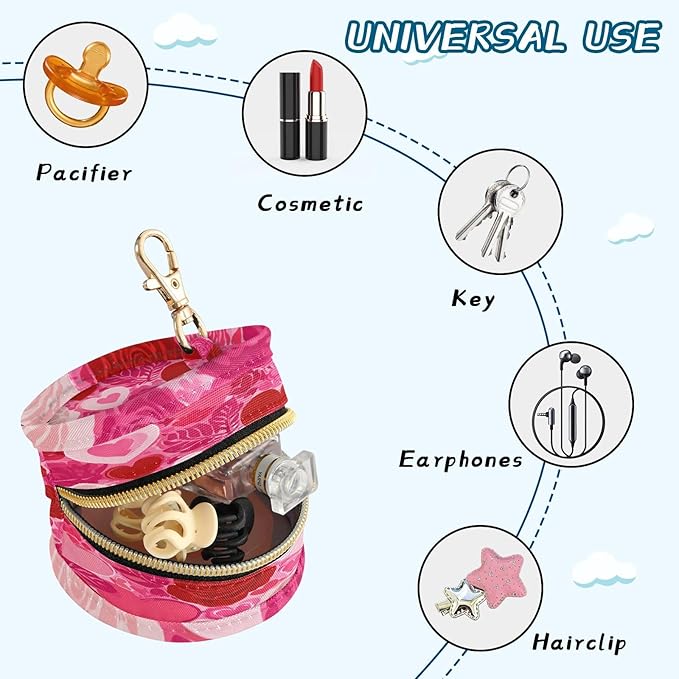 Pacifier Holder with Clip Pacifier Case for Diaper Bag Round Baby Pacifier Pouch Box Bag Portable Pink Love and Rose Valentine
