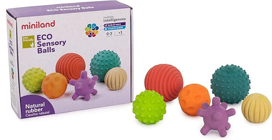 Miniland Sensory Balls, Babies Birth to Toddlers Age 4, Natural Rubber Latex, Soft Teething Toys, Easy Grip Play, Textured, Colors Multi-Sensory Stimulation, Motor Skill Development