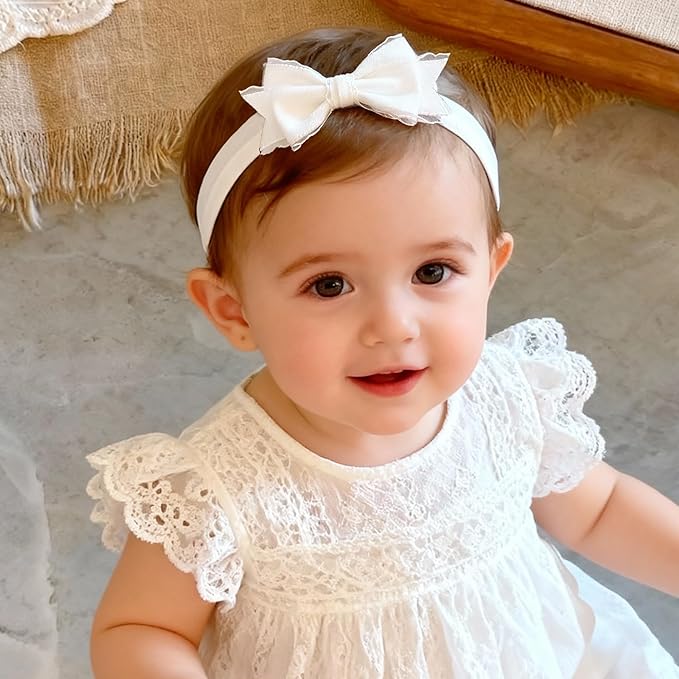 Baby Girls Headband White Bow Lace Headbands Soft Elastic Bowknot Hairbands Cute Hair Accessory for Newborn Kids Infant Toddler Baptism Birthday Party (Double Bow)
