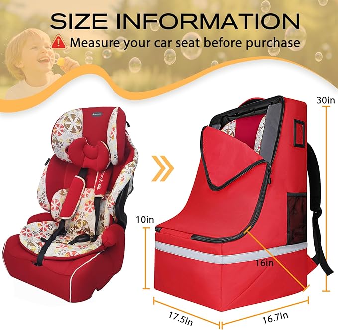 LARIPOP Car Seat Travel Bag for Airplane, Universal Gate Check Car Seat Bag, Padded Backpack with Waist Belt, Reflective Strips & Protective Feet, Fits Infant Convertible Booster Seats, Red