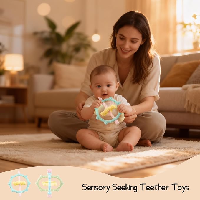 Food Grade Silicone Baby Teething Toys, 3-6 Months Easy-Hold Handle Infant Balls, 2 Pack Detachable Assembly of Baby Chews Toys, BPA Free,for Infant Boys Teethers