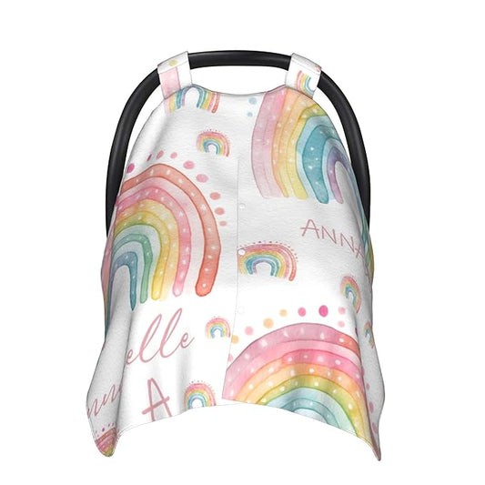 Personalized Baby Car Seat Cover Custom Name CarSeat Canopy Customized Rainbow Newborn Nursing Breastfeeding Cover Minky Baby Blanket Infant Car Seat Canopies for Baby Girls Boys